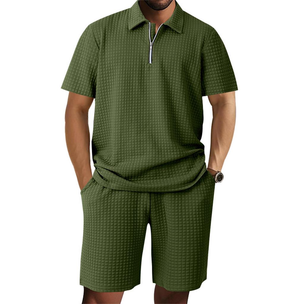 Мужской однотонный повседневный комплект из двух предметов с короткими рукавами и воротником