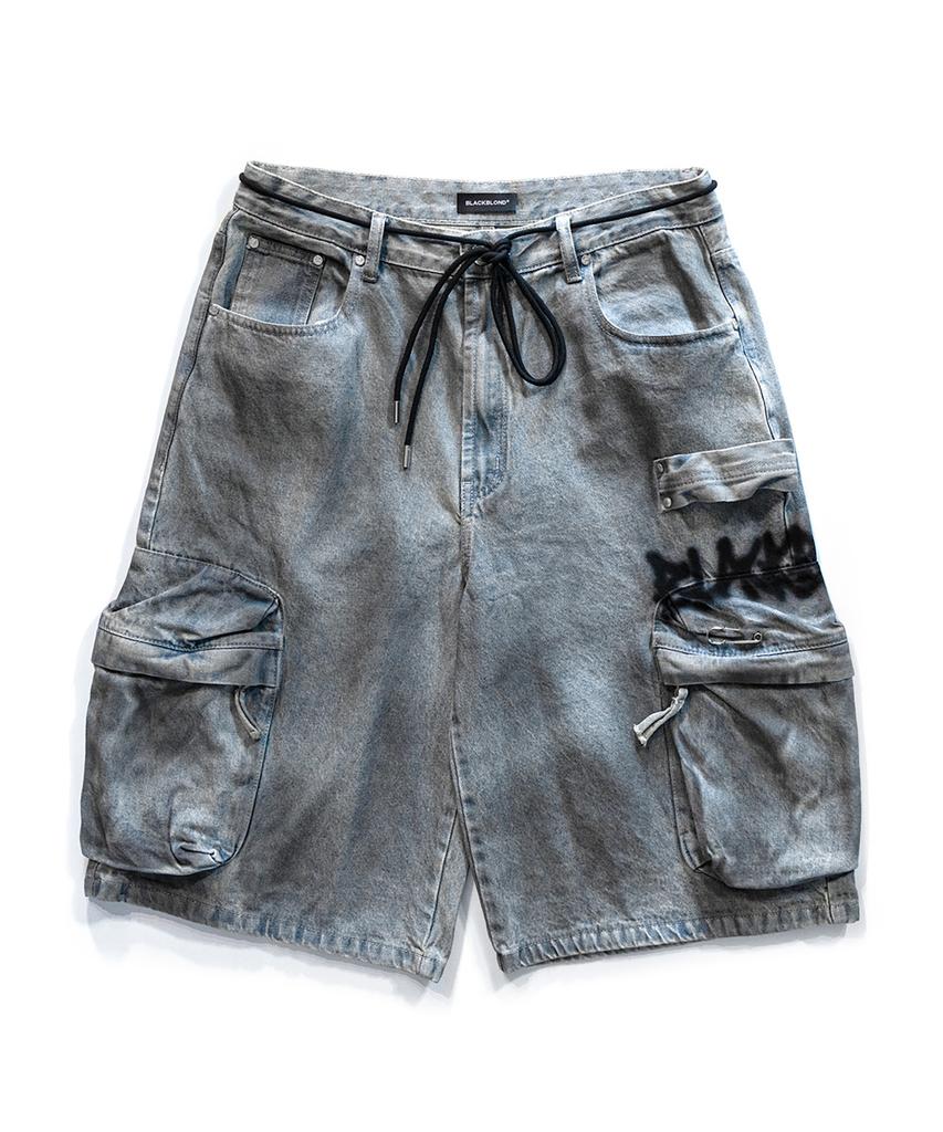 BLACKBLOND Vividi Graffiti Logo Dirty Wash Cargo Shorts (Vintage Blue)