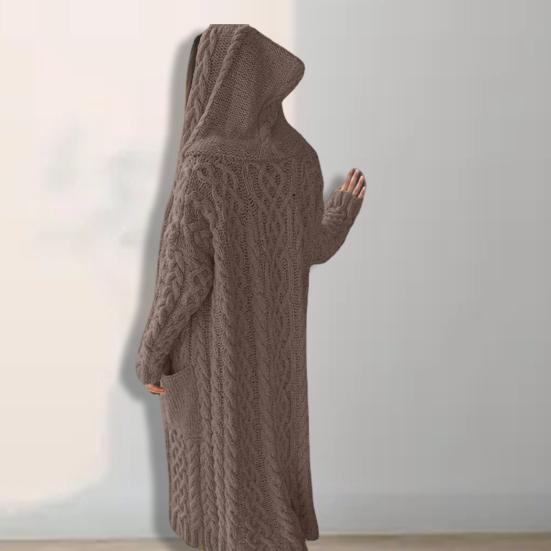 Женская кофта-свитер с карманами средней длины с капюшоном трикотажная скрученная текстура однотонная