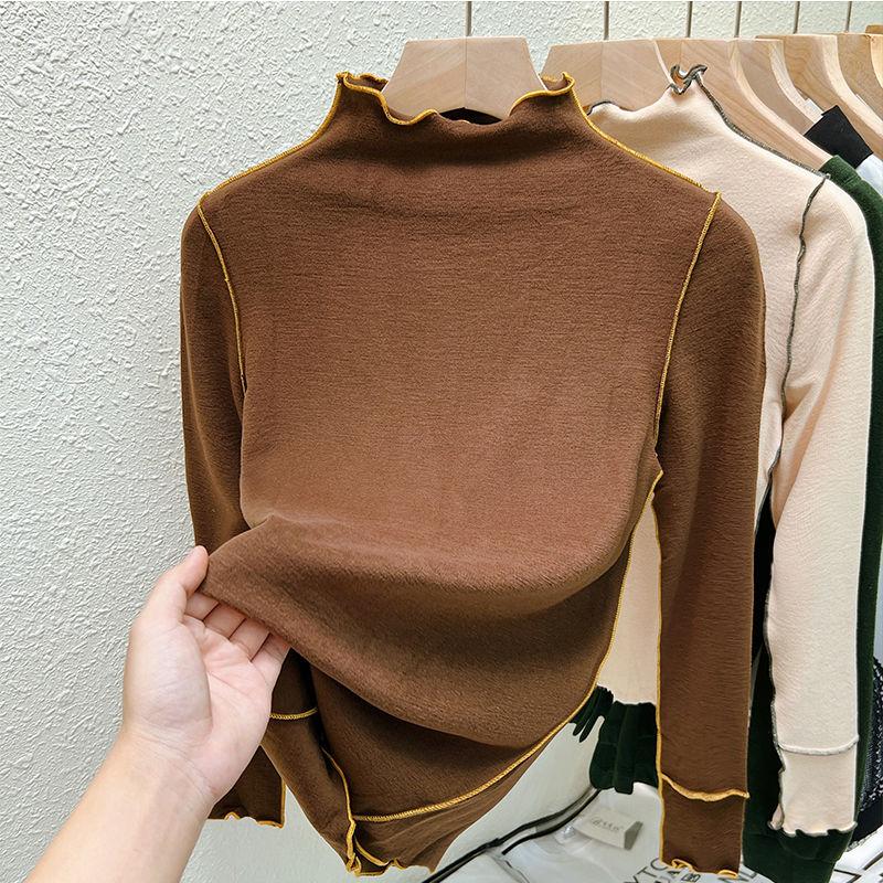 Осенне-зимняя футболка с высоким воротником и бархатной подкладкой в немецком стиле с деревянным краем ушка, модный топ