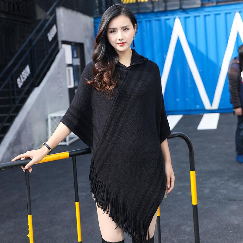 DX~~ осенне-зимний новый вязаный кашемировый плащ из тонкой шерсти, шаль с капюшоном, черно-белая шаль с геометрическим рисунком, соответствующая цвету