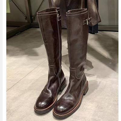Виноградная мать осень и зима вымытая внутри и снаружи полная лошадиная кожа толстая подошва средняя голень сапоги-рыцари боковая молния пряжка ремня высокая