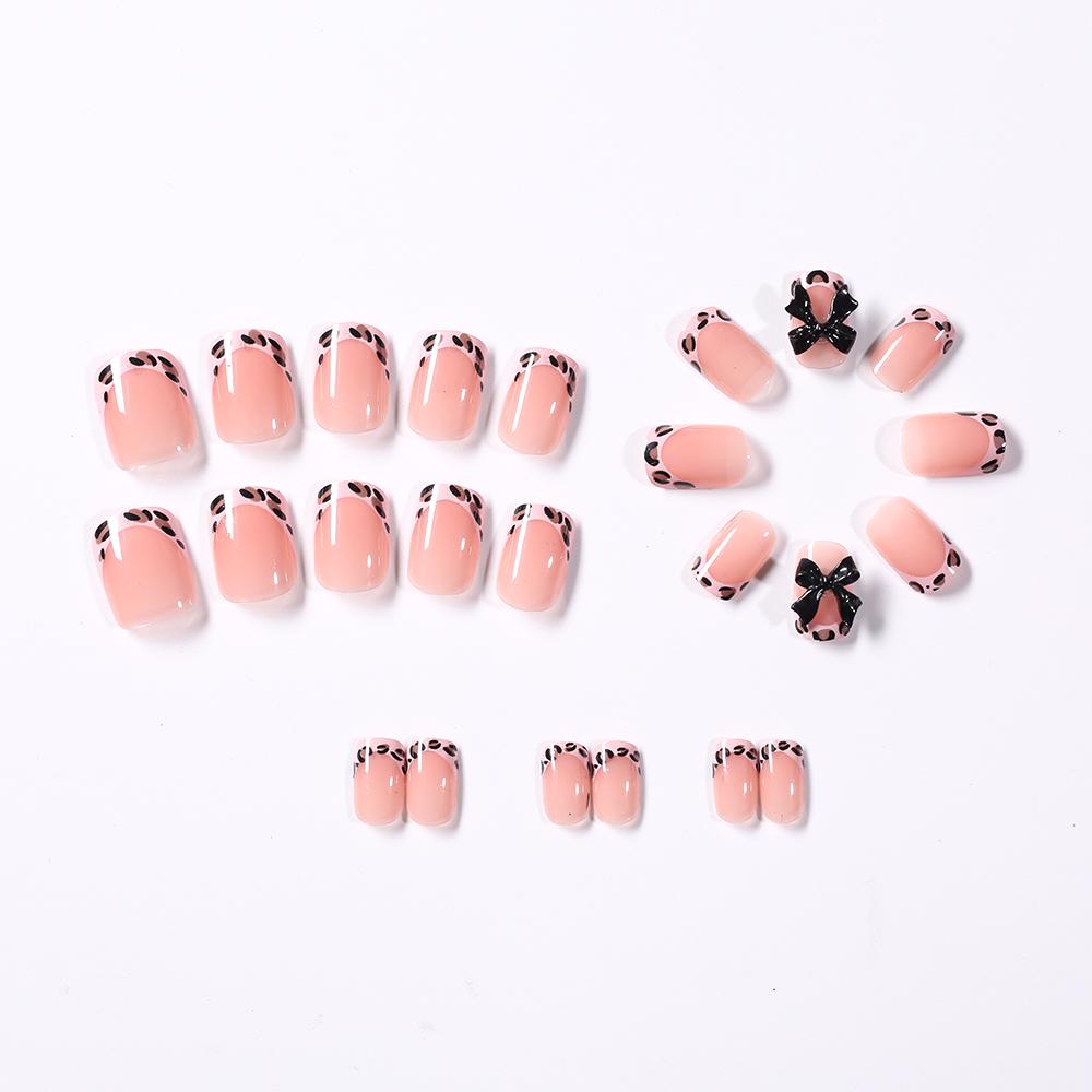 24Pcs Pink Leopard Print French Tips False Nails Short Square Head 3D Black Bowknot Fake Nails Acrylic Full Cover Press on Nails