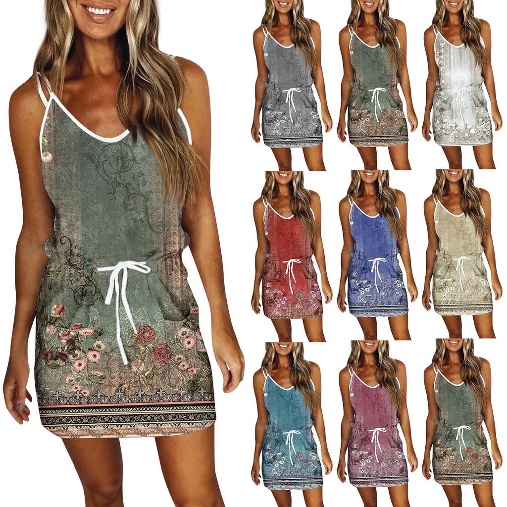Женское модное летнее свободное платье без рукавов с карманом и v-образным вырезом с принтом