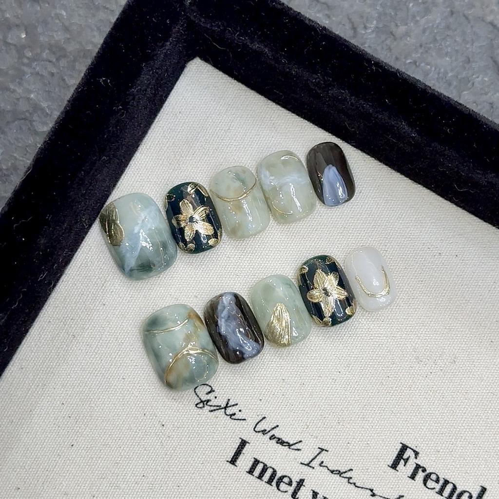 10 Pcs Caramel Amber Leopard Print Handmade Short Press On Nails Full Cover Fake Nail Tips