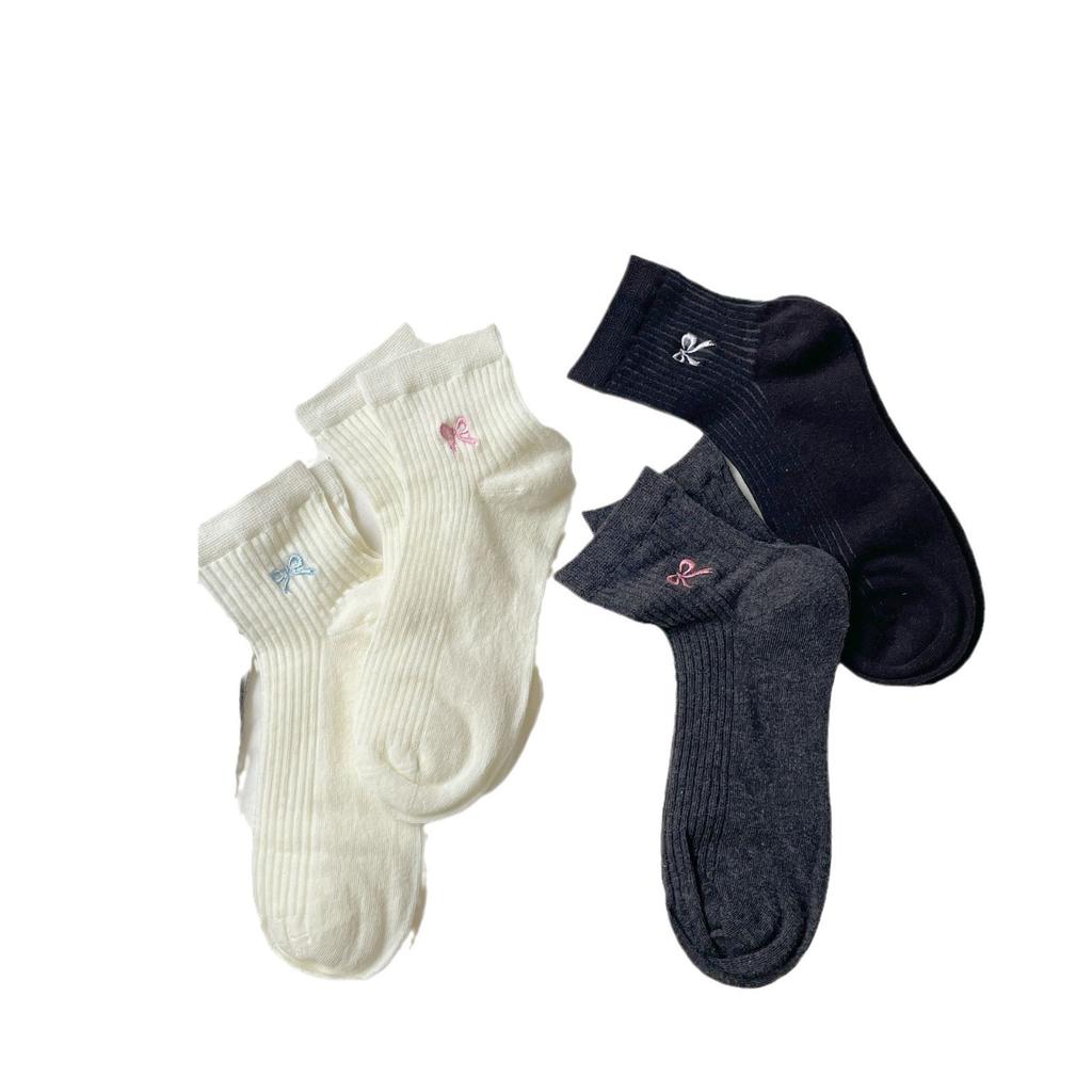 Boneless Short Tube Embroidered Bow Socks Summer Ultra-Thin Vertical Strip Breathable Ballet Socks Socks