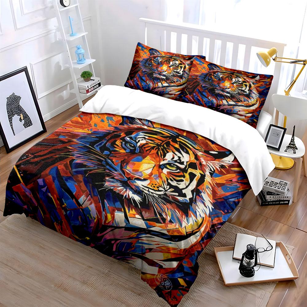 Stylized multicolored tiger face. Bedding sets Duvet cover sets Duvet covers Pillowcases(1*Duvet Cover 2*Pillowcases without duvet insert)