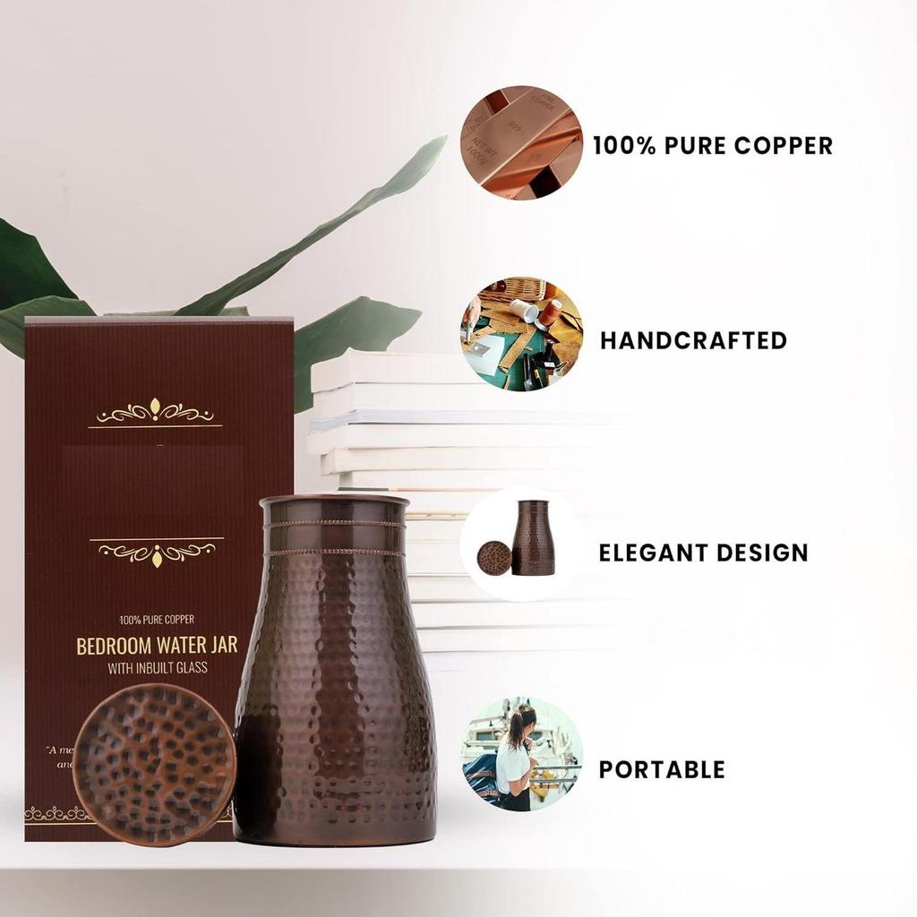 Copper Bedroom Jar with Inbuilt Glass | Rarity Hammered Design | Handcrafted, Leakproof, Jointless | Ayurvedic Benefits, Antioxidant Properties