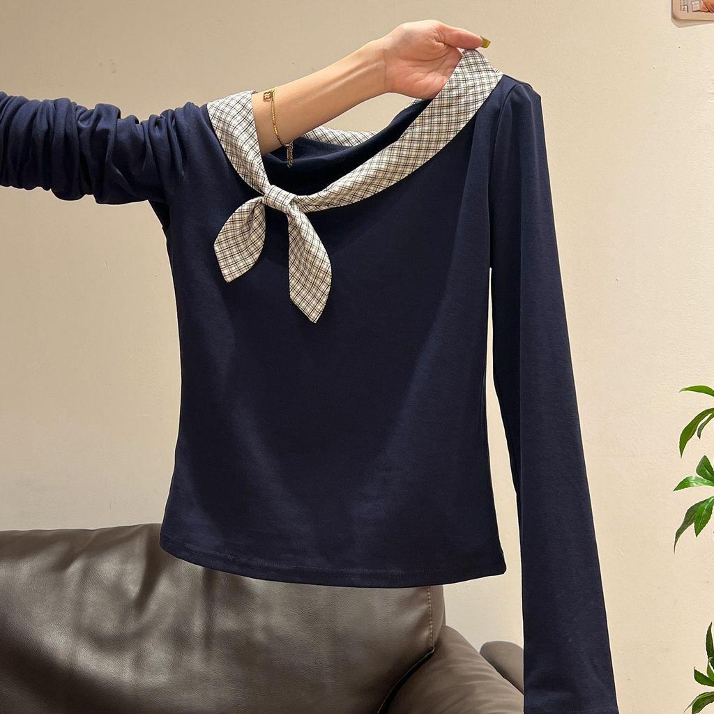 Темно-синяя футболка с длинным рукавом и завязками в виде кроличьих ушек для студенток - Универсальный топ для униформы на раннюю осень