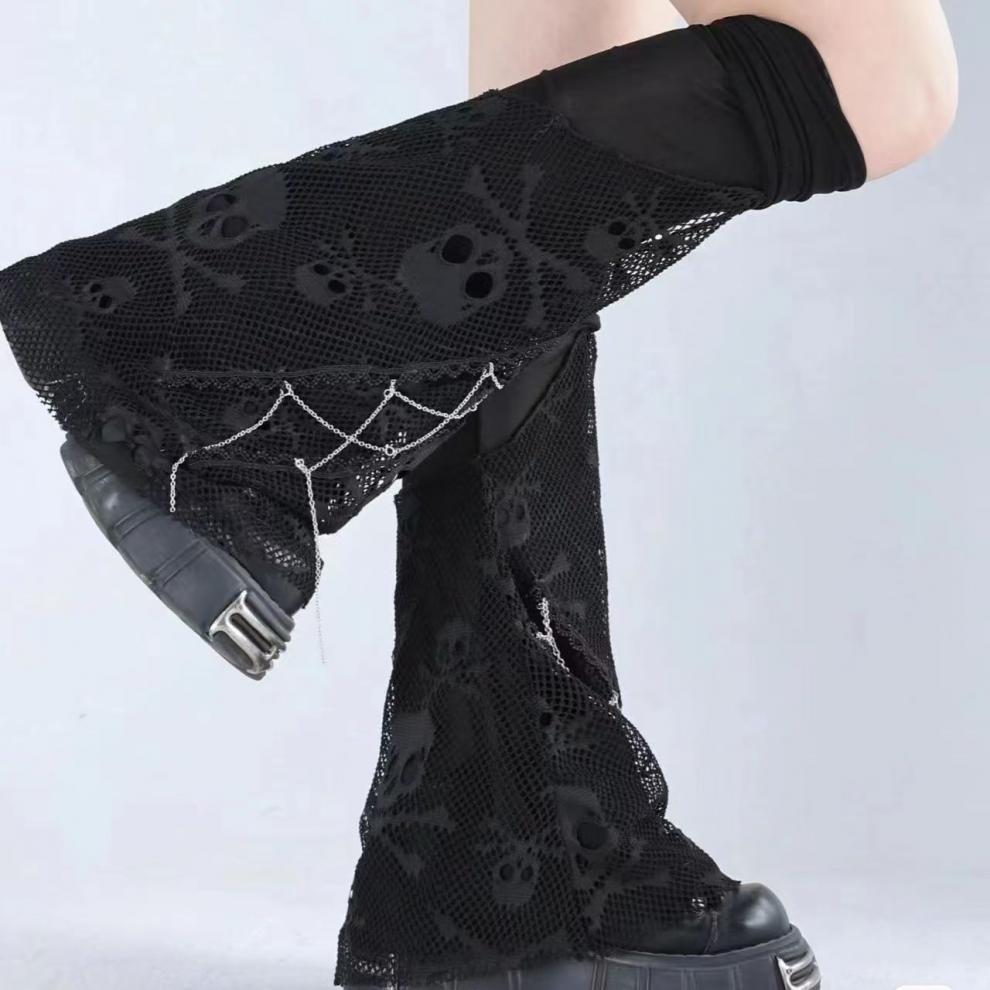 Скелетные сетчатые гетры до бедра: Носки с клёшем и сборками в стиле тёмной субкультуры