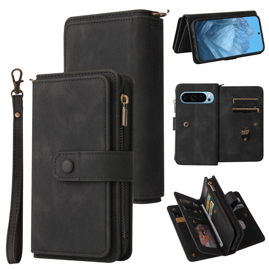 For Google Pixel 10 Pro/Google Pixel 9/Google Pixel 9 Pro/Google Pixel 10 Zipper Wallet Case with 15 Card Slots and Strap Leather Phone Cover