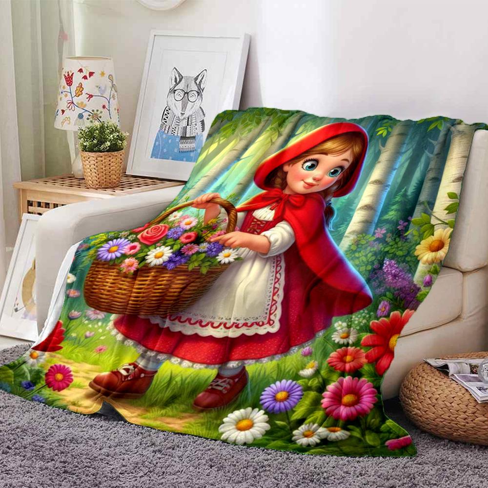 Little Red Riding Hood Holding Flower Basket Birch Forest Print Flannel Blanket Soft Warm Throw Blanket For Sofa Bedroom
