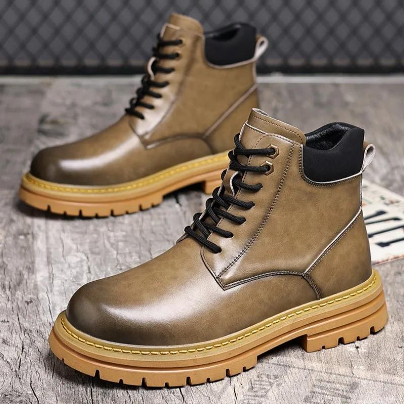 FashionRetro Leather Non-slip Platform Boots for Men Designer Soft-soled Autumn Winter Men's Shoes Fashion  Casual Male Work Boots