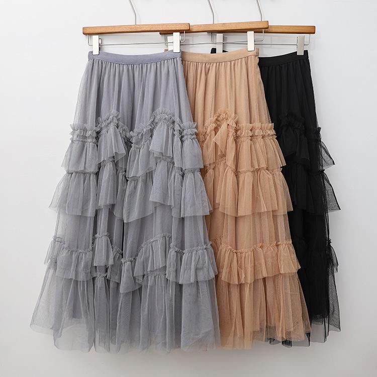 2024 Осень/Зима Многослойное А-силуэтное платье феи с оборками из сетки для женщин