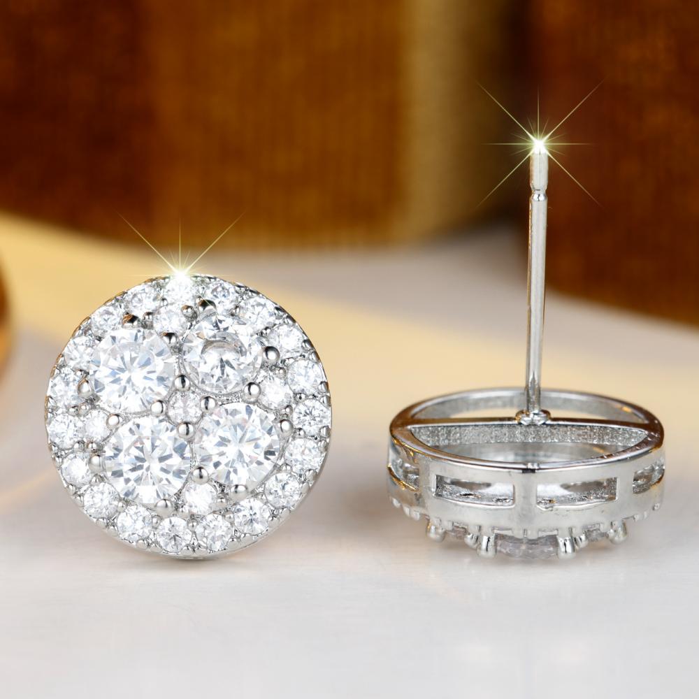 Elegant Silver Color Round Pave Stud Earrings for Women Full Zircon Jewelry Fashion Gift Party Wedding
