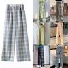 Women's Lightweight Elastic Summer High Waist Wide Leg Casual Pants Retro Plaid Loose