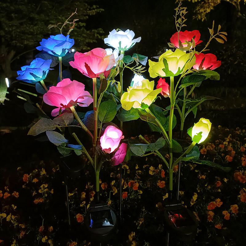 3-head Solar-powered Rose Flower Lights Garden LED In-ground Lamps Courtyard Decoration Rose Lawn Lights IP44 CE Certified
