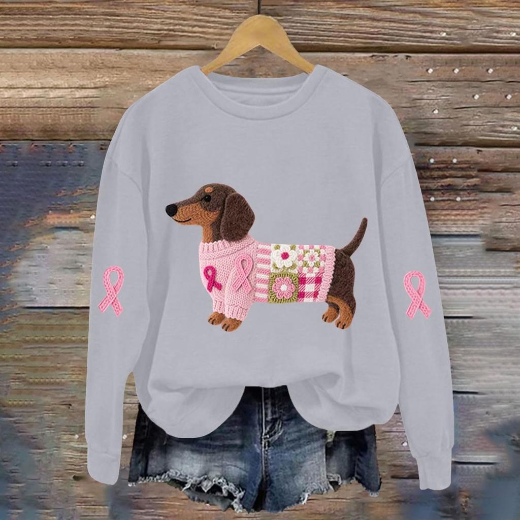 Breast  Sweatshirts For WomenRibbon Breast  Shirt Cute Dog Graphic  Long Sleeve Tops