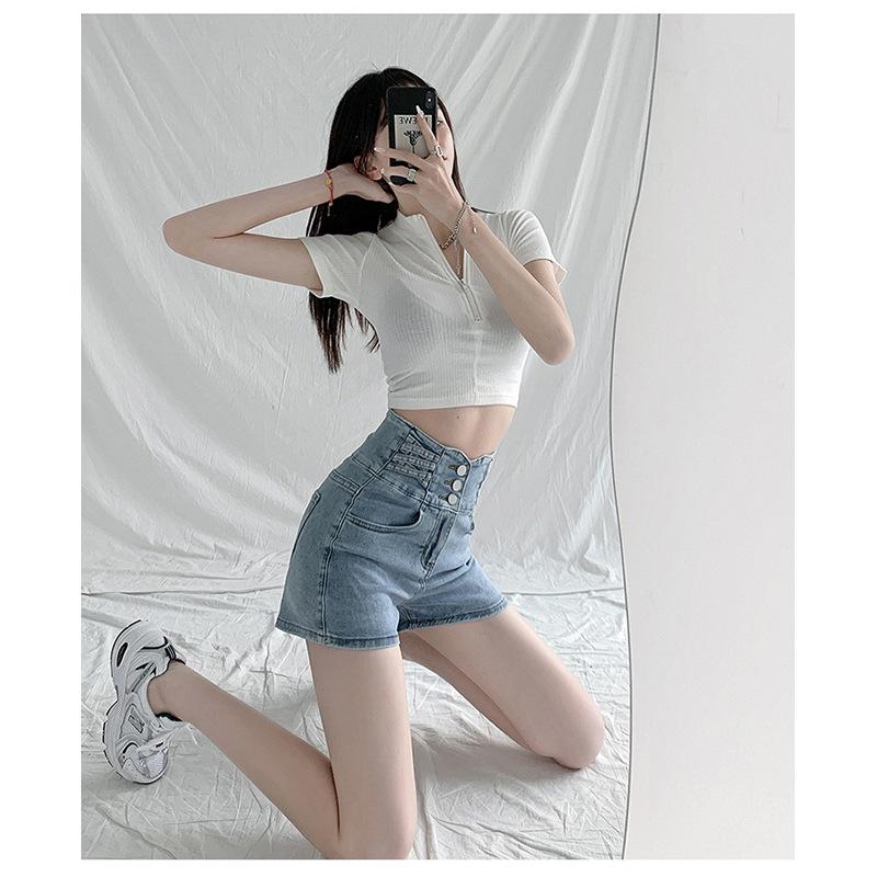 Черные джинсовые шорты с застежкой на пуговицы и высокой талией, корректирующие живот, для женщин, эластичные прямые брюки А-силуэта, широкие шорты в стиле Ins