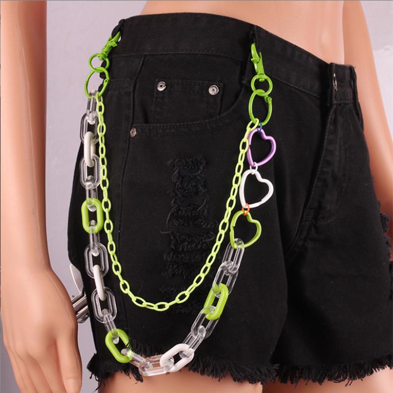 Acrylic Layered Rock Pants Jean Chain Heart Pendant Trousers Chains Biker Thick Wallet Chains Keychains Body Chain for Men Women