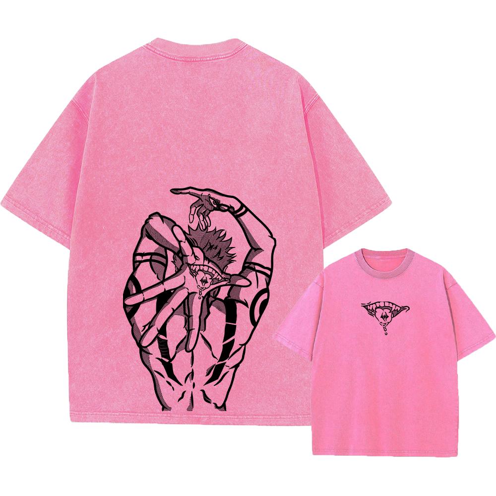 Аниме Принт Уличная Одежда Винтажная Выстиранная Футболка Мужская Харадзюку Манга Графический Принт Годжо Кислотная Стирка Топы Футболка