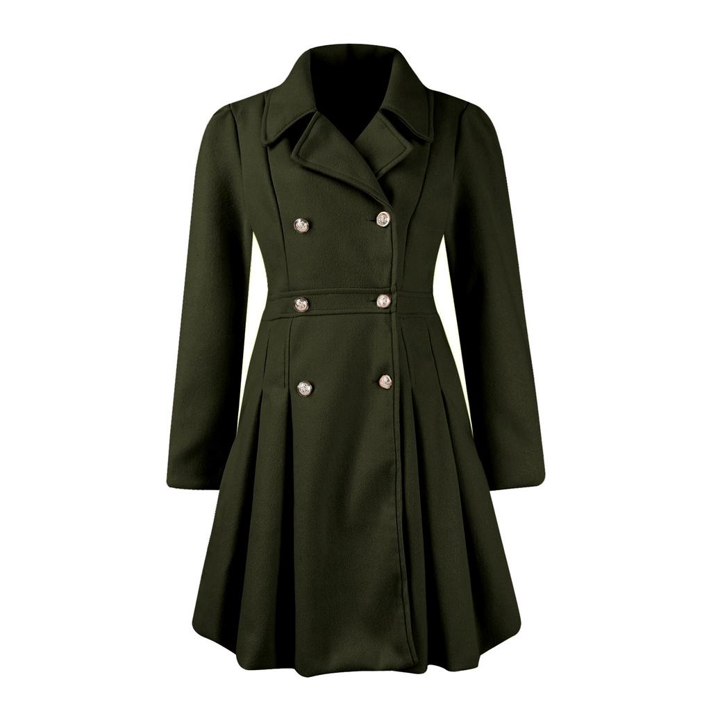 Women's Long Woolen Coat With Double Breasted Buttons