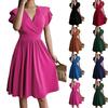 Women's Loose Solid Color Waist Cinched V-Neck Mid Length Dress Mid Length Dress