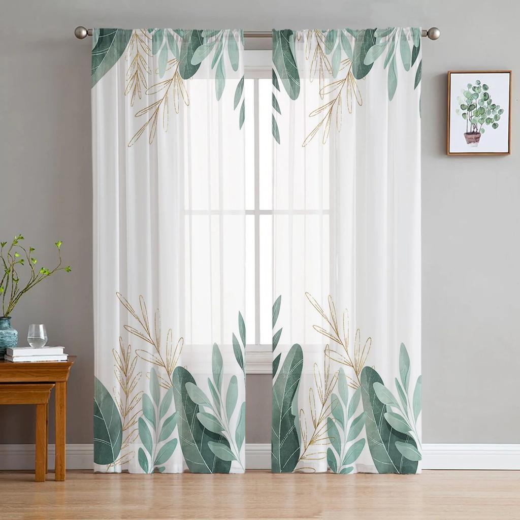 Tropical Plants Sheer Window Curtains for Living Room Girl Bedroom Tulle Curtains Kitchen Veil Chiffon Drapes