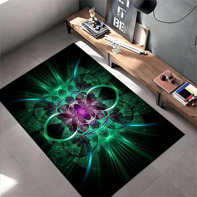"Abstract Glowing Flower Art Carpet with Green and Purple Design" Suitable for use as an anti-slip for living room bedroom sofas