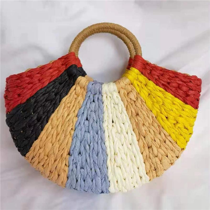 Bohemian Women Beach Bag Colorful Half Round Bucket Bag Handmade Straw Woven Rattan Handbag