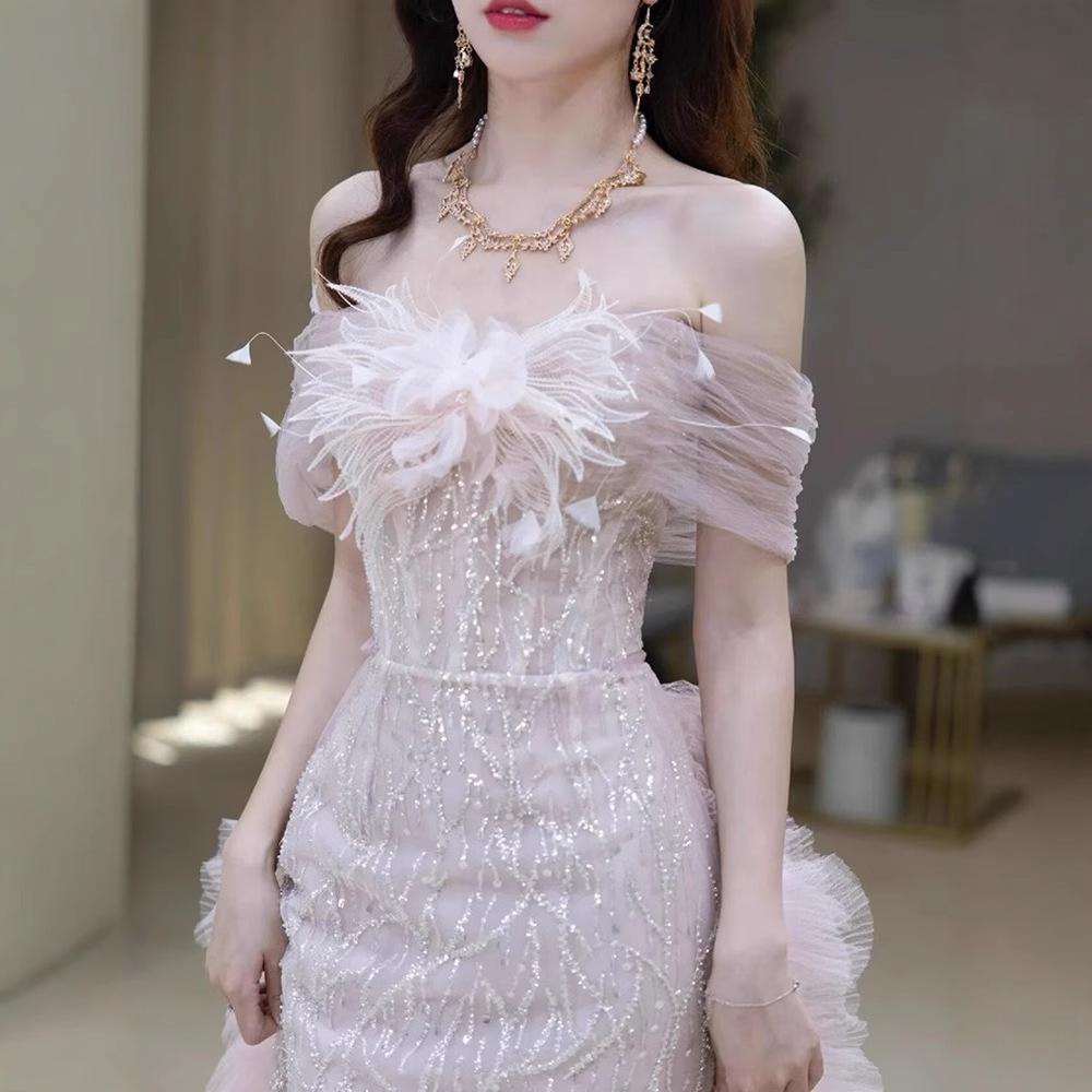 One-word shoulder evening dress 1011 new summer pink engagement dress high-end light luxury wedding toast dress bride