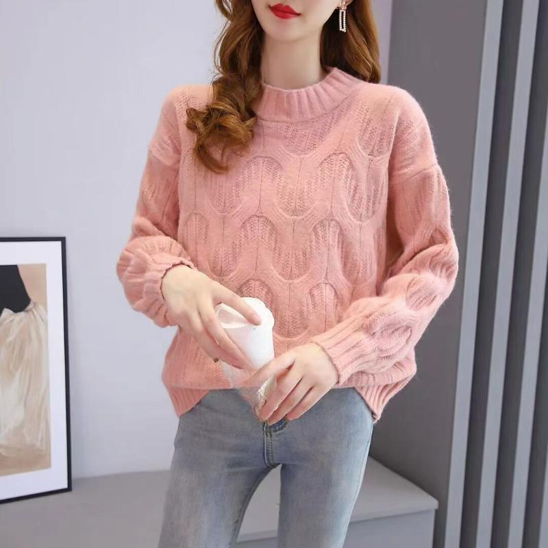 Lantern Sleeves Round Neck Twist Sweater Female Daily Casual Autumn and Winter Korean Version of Loose Thickened Twist Pullover Knitted Sweaters