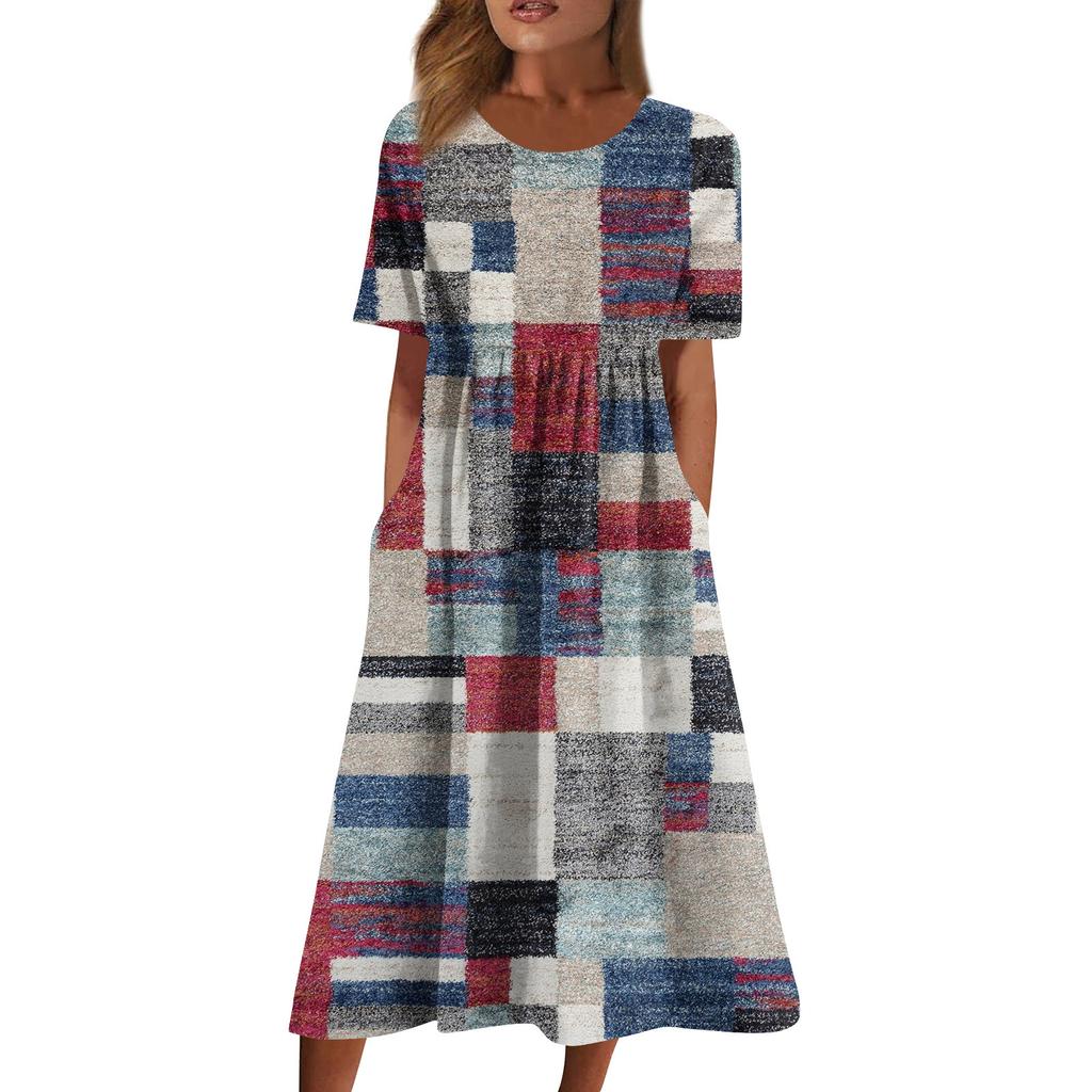 Women's Casual Dresses Printed Dresses Pleated Round Neck Basic Classic Outdoor Daily Short Sleeve Loose Dresses