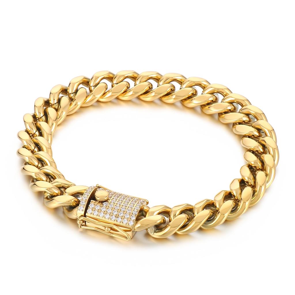 12mm Cuban Chain Bracelet for Men Women Stainless Steel With CNC Zircon Clasp Hip Hop Jewelry Shiny Link Chain Accessories