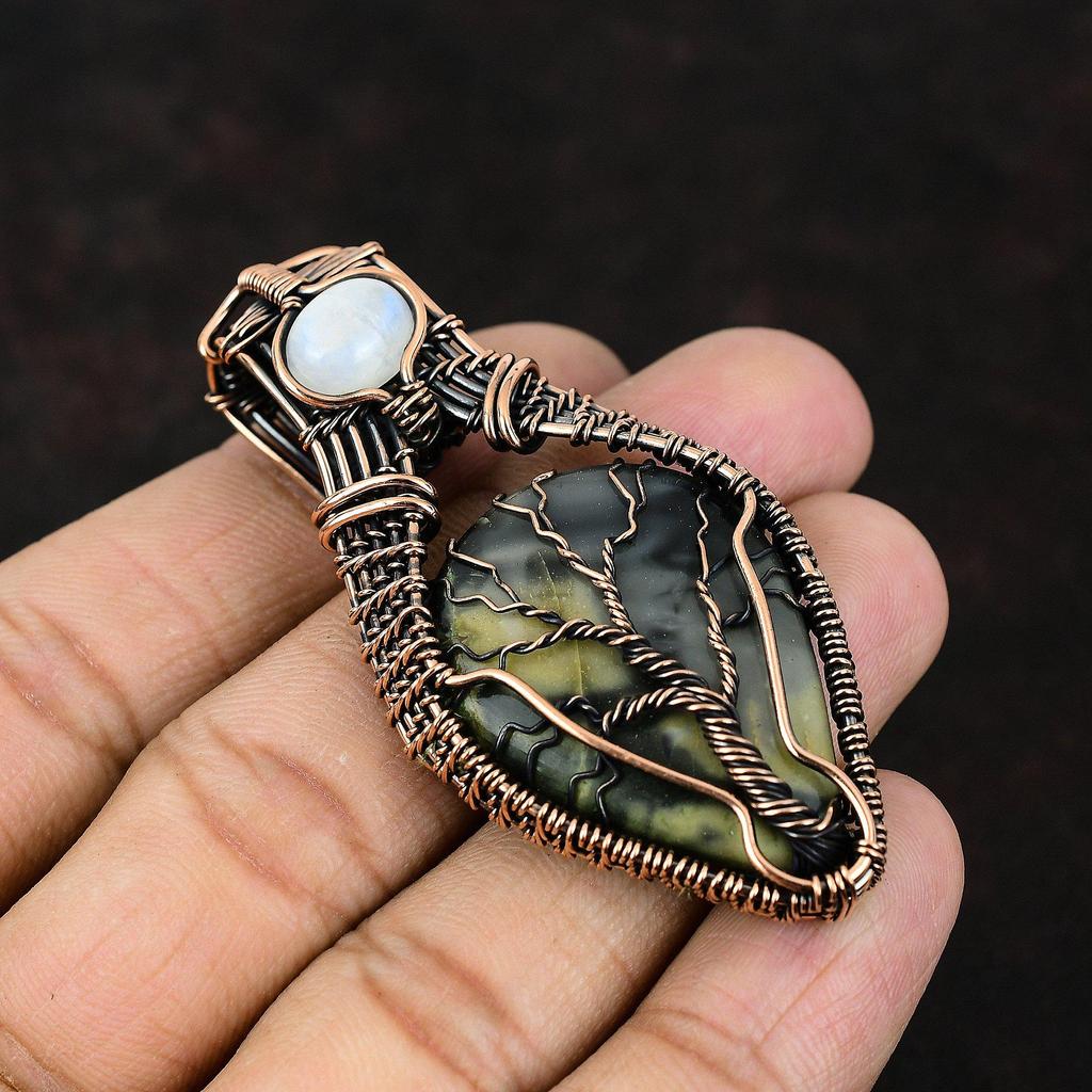 Древо жизни Пикассо Яшма Медный кулон Драгоценный камень Ювелирные изделия Проволочная обертка Подвеска ручной работы Радужный лунный камень Ювелирные изделия Подарок для матери