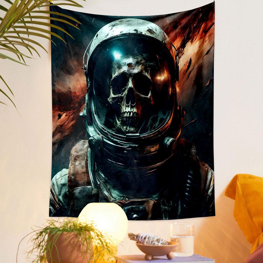 "Skull Astronaut in Fiery Space Scene" Patterned Tapestry Decorative Wall Hanging, Home Bedroom Living Room Decor