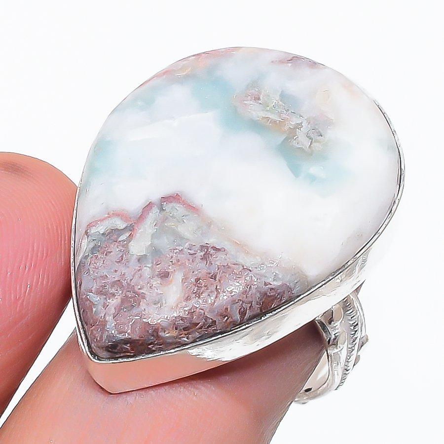 Natural Larimar Gemstone Handmade 925 Sterling Silver Jewelry Ring Size 7.5 M8B39