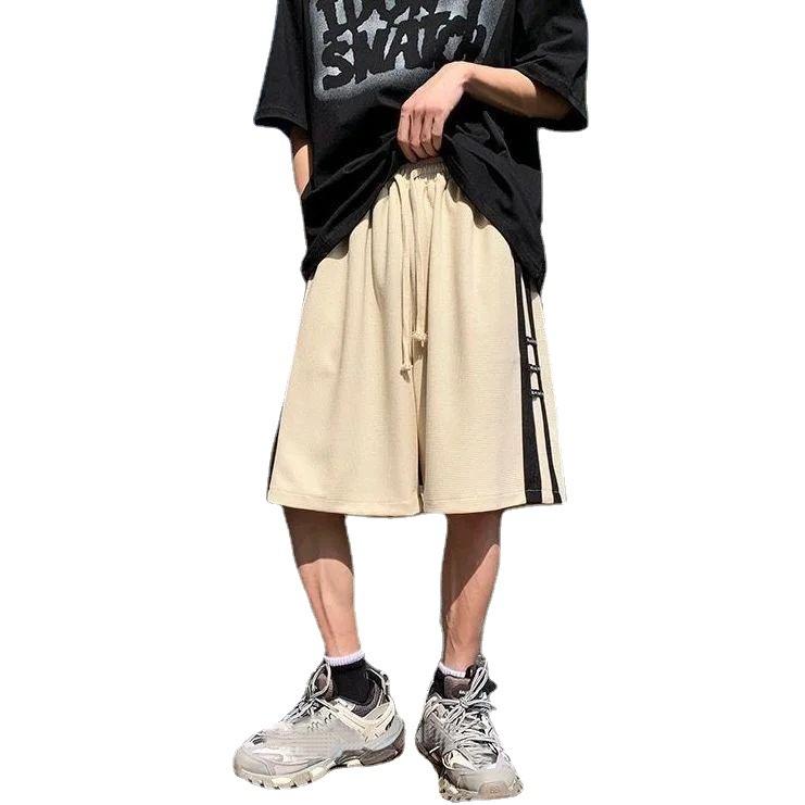 Весенне-летние модные полосатые вафельные шорты в стиле ретро, ​​свободные повседневные спортивные брюки большого размера, прямые шорты с цветными блоками для мужчин