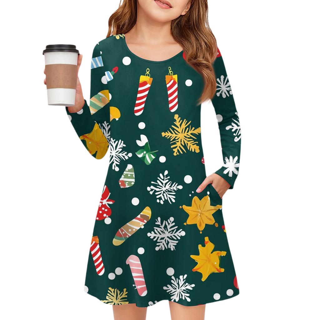 Christmas Day Girls' Long Sleeve Dress - Color Pocket Dress