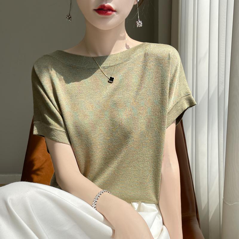 Women Knit T-shirt MODERN NEW SAGA Summer Knitted Shirt Short Sleeve Tees Slash Neck Pullover Knit Tops