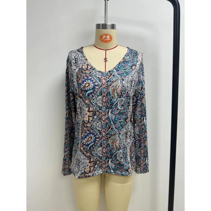 Плюс Размер Женский Новый Осенний Печатный V-образный Вырез Длинные Рукава Топ