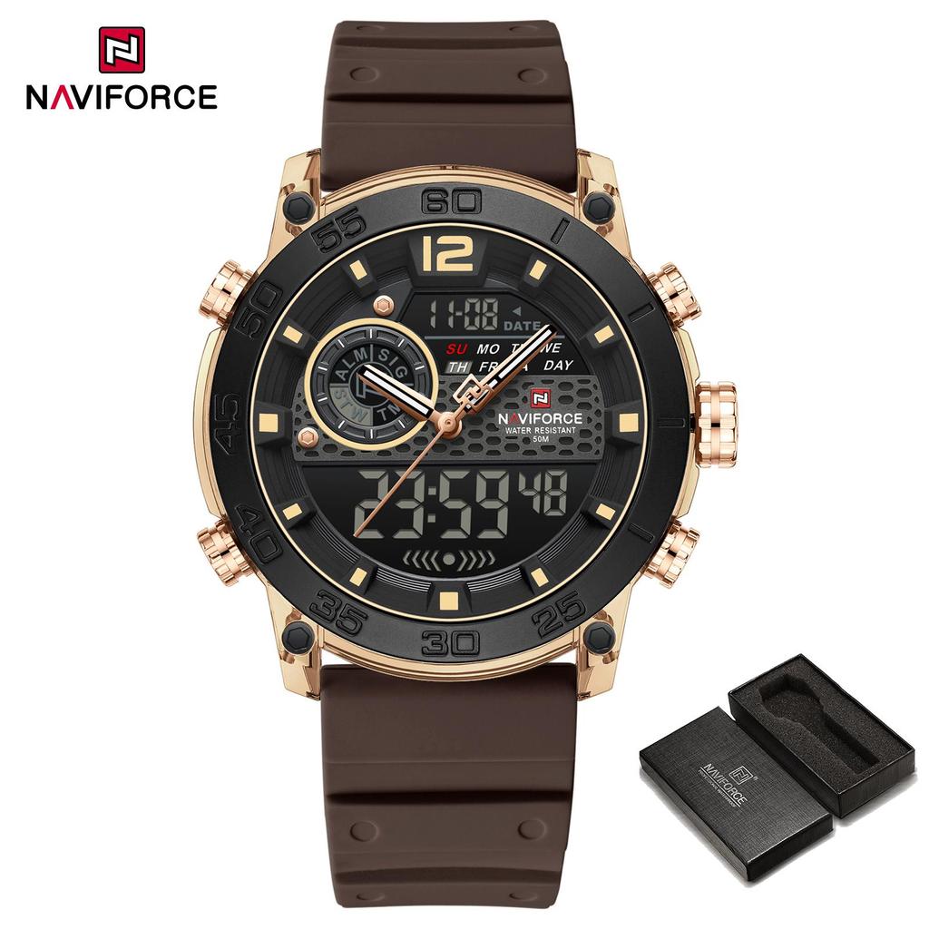 Naviforce Мужские спортивные часы Кварцевый механизм ЖК-цифровые часы Дата День Хронограф Водонепроницаемый силиконовый ремешок Мальчики Многофункциональные часы NF6104