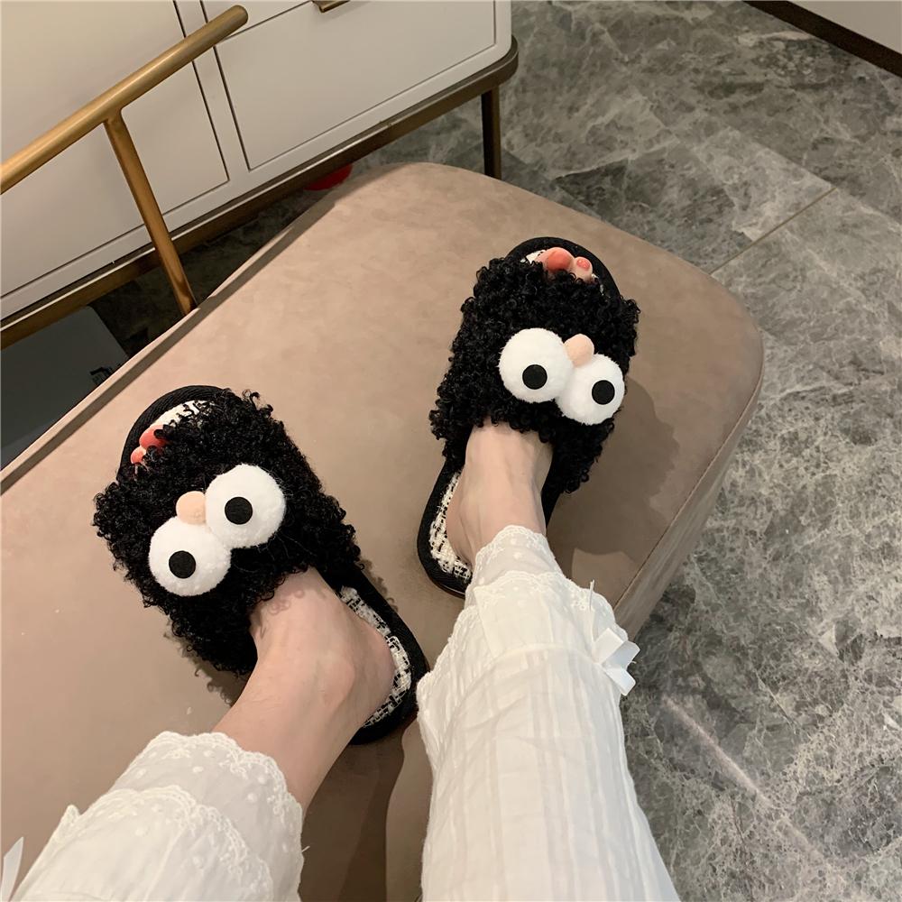 Cute Cartoon Fluffy Fur Slippers Slides Women 'S Autumn And Winter Funny Home Cotton Slippers Shoes Home Indoor Slippers