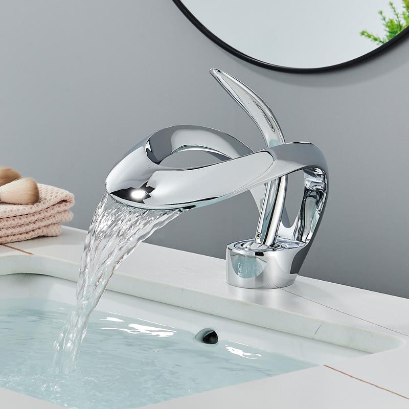 Bathroom Basin Faucet Luxury Grey Bathroom Brass Single Handle Waterfall Mixer Tap Modern Style Hot and Cold Water Sink Mixer Faucet