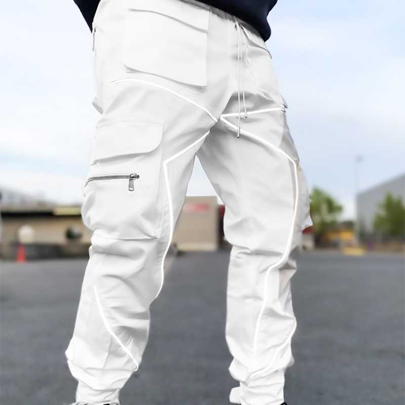 2024 Весенняя мужская мода High Street Брюки-карго Мужской тренд Светоотражающие спортивные брюки с несколькими карманами Мужские повседневные свободные комбинезоны большого размера