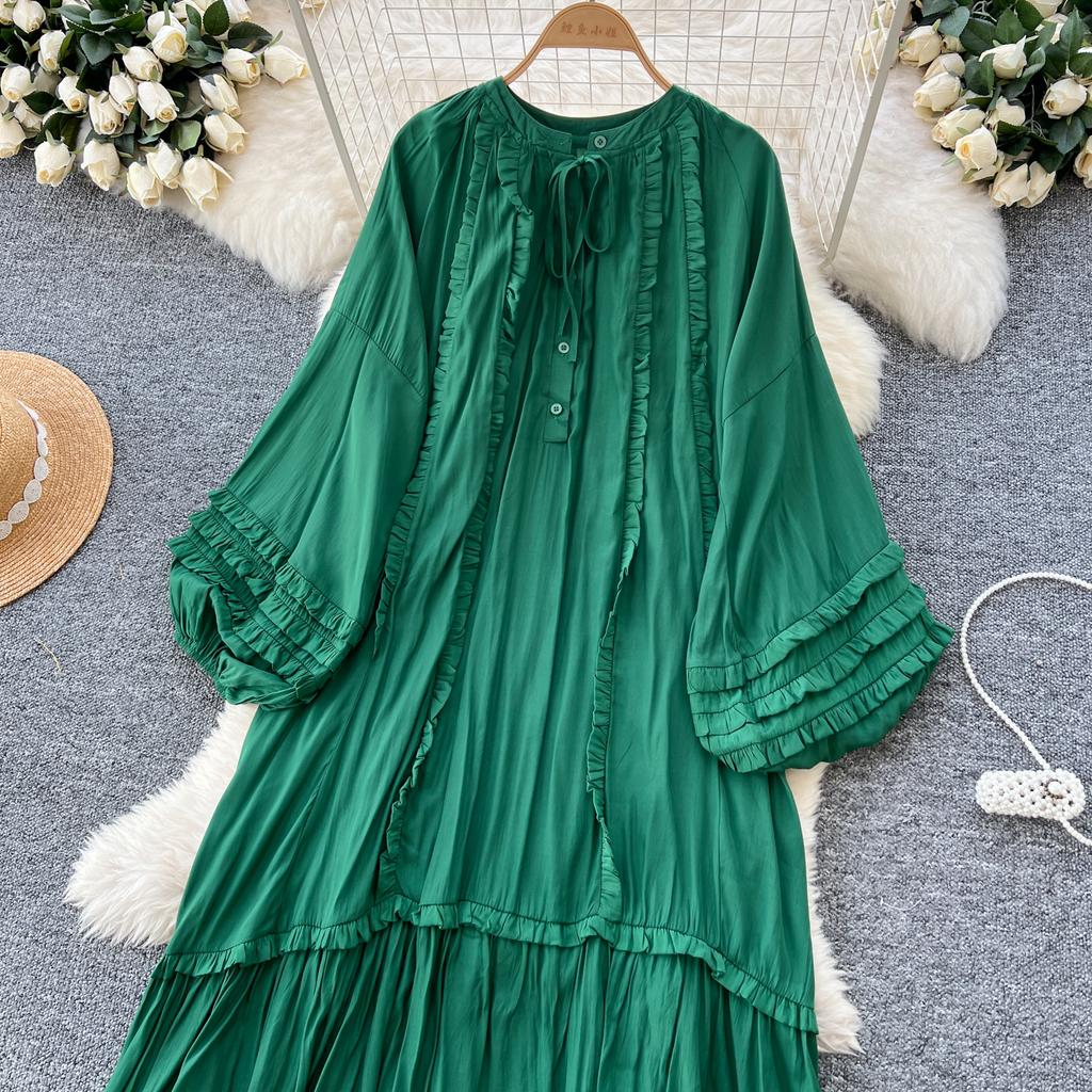 Винтажное однобортное платье с круглым вырезом на шнуровке, модное, с длинными рукавами, элегантное, свободное, с оборками, корейская женская одежда High Street