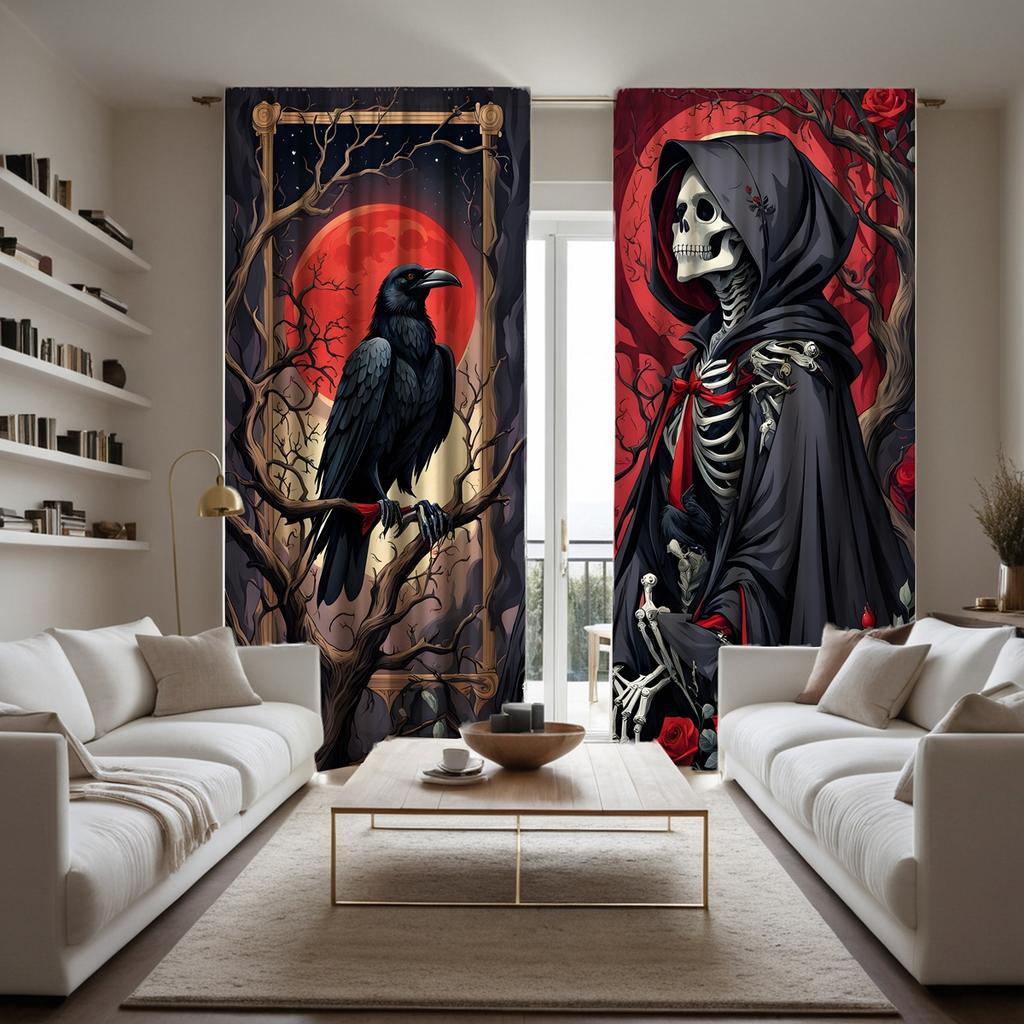 Комплект из 2 шт. HD декоративная занавеска Хэллоуин Роза Череп Орел Черный Галстук цифровая печать занавеска Домашний декор стиль Украсить Гостиную