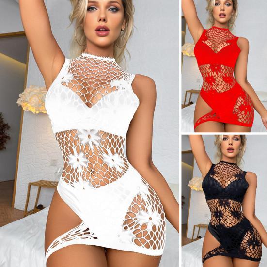 Women Sex Nightdress Hollow Out See-through Fishnet Sleeveless High Elasticity Thin Skinny Off Shoulder Lady Honeymoon Wedding Night Sleepwear