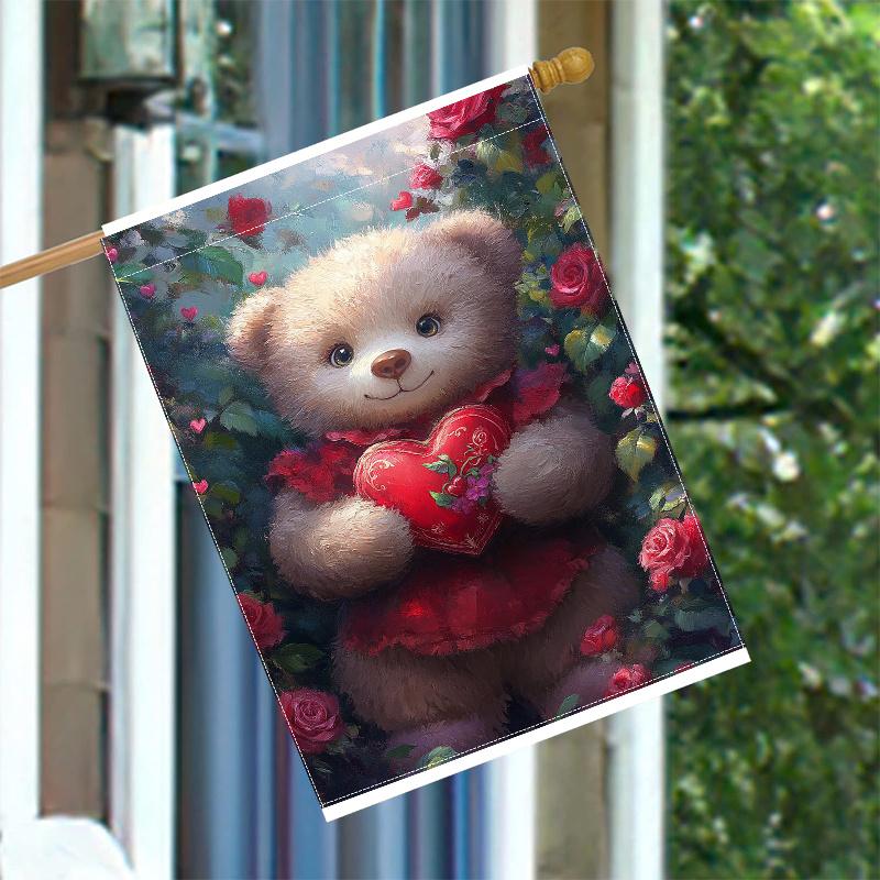 1pc, Romantic Teddy Bear & Rose Hearts Double-Sided Garden Flag, Durable Polyester, No Electricity Needed, Outdoor Lawn & Courtyard Decor, Valentine'S