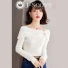 Boat Neck Knit Top with Ribbon Slim J-Scott Motif, Lightweight, Soft, Fit, 1/4 Sleeves, White, JS112-WH-L
